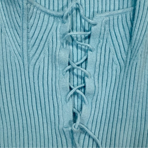 Light Blue Lace-Up Ribbed Top - Picture 2 of 3